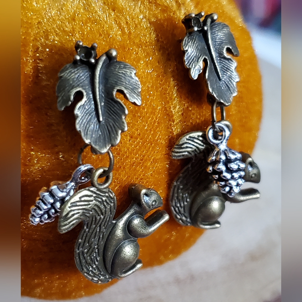Squirrel Leaf Earrings Bronze Silver Pinecone Fall Autumn Studs Handmade New
